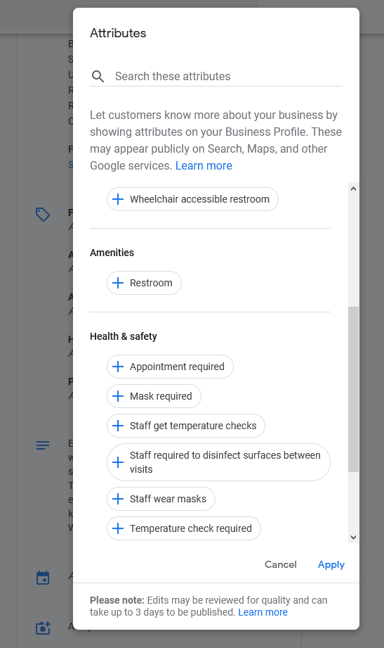 google my business attributes for covid-19 health and safety protocols for reflexologists