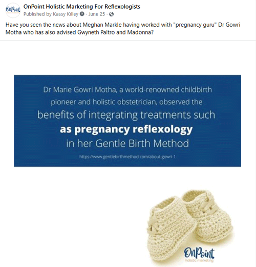 FB post about Megan Markle's pregnancy guru who incorporates pregnancy reflexology